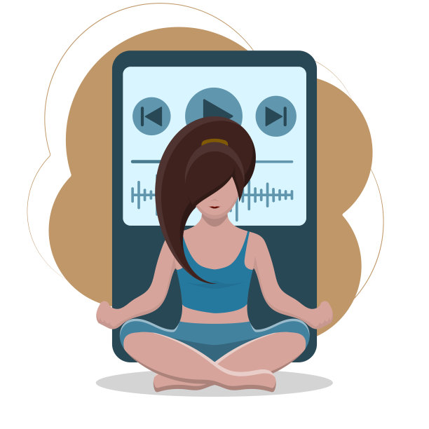 年轻女子坐在瑜伽莲花姿势与媒体播放器的背景图片下载