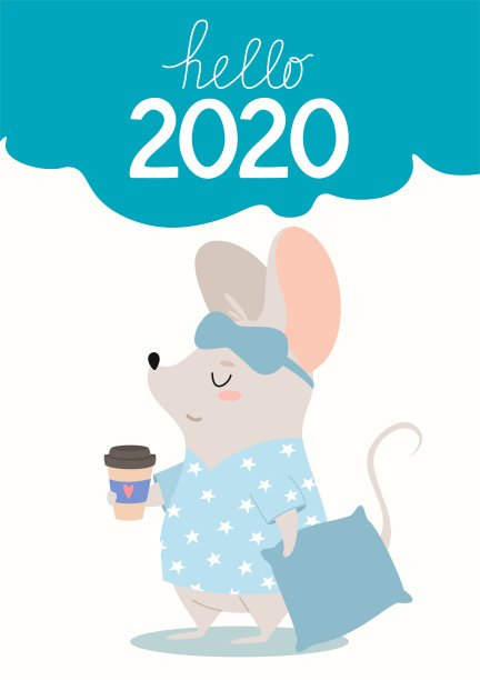 有趣的2020年新年海报，上面有一只可爱的昏昏欲睡的老鼠和咖啡。农历鼠年。新年贺卡。矢量插图。图片下载