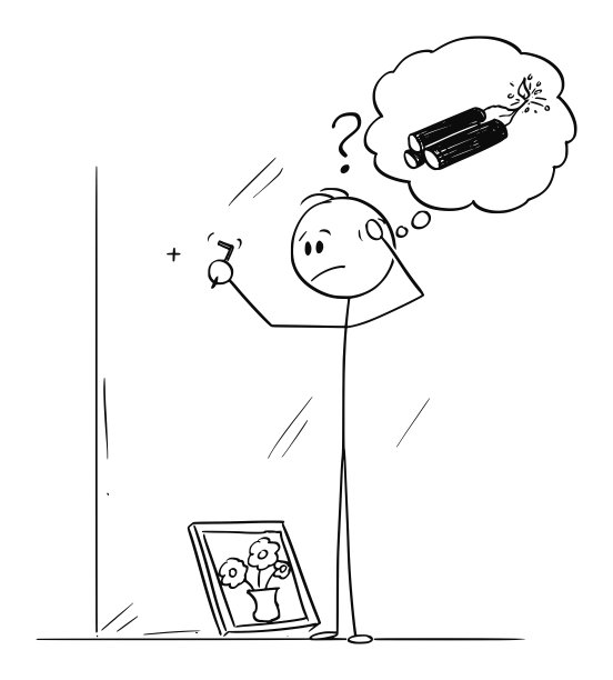 笨拙的人思考如何用锤子勾框装框的矢量漫画图片下载