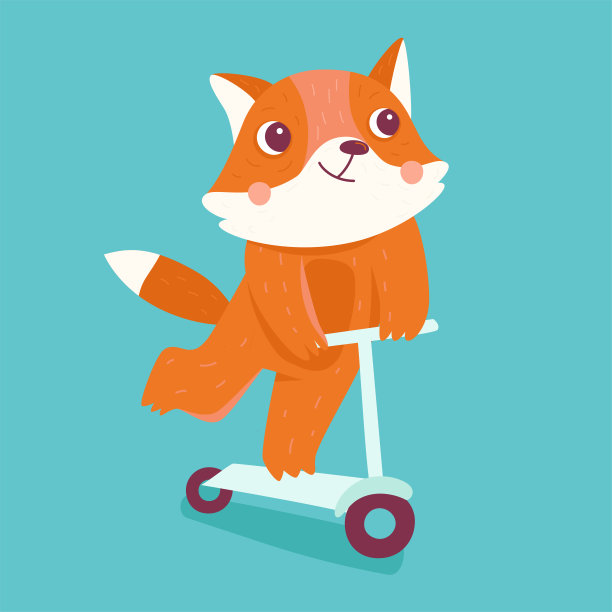矢量卡通插图在简单的幼稚风格与狐狸骑滑板车图片下载