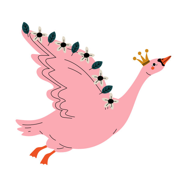 美丽的天鹅公主与金色的皇冠和翅膀装饰花，可爱的粉红色童话鸟皇后矢量插图图片下载