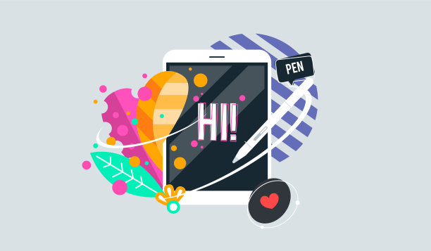 数码艺术创作:科技概念。便携式平板与笔，矢量插图。图片下载