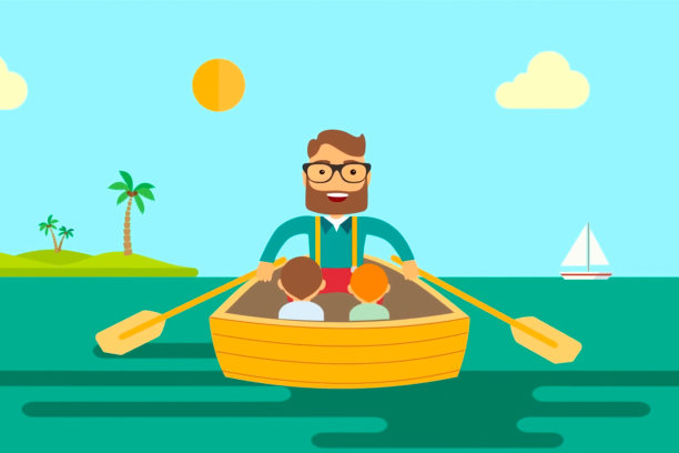 一个男人带着两个儿子在海上航行图片下载