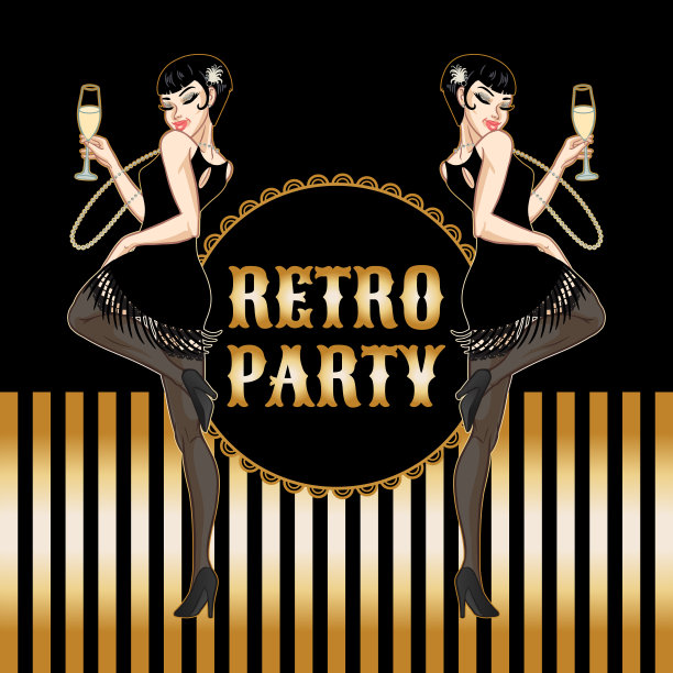 复古派对卡，年轻美丽的女人穿着20世纪20年代的风格拿着香槟杯，飘舞的女孩，二十岁，矢量插图图片下载