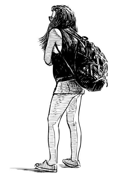 画的是一个背着大背包的女游客在等待图片下载