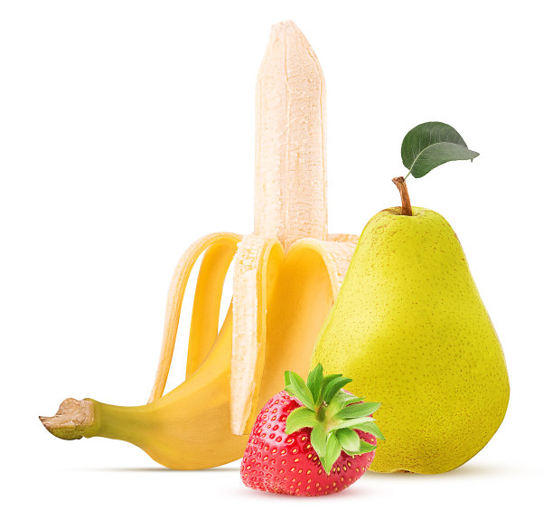 去皮香蕉、草莓和带叶子的梨图片下载