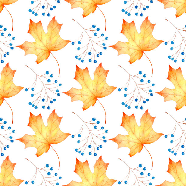 枫叶和浆果无缝水彩光栅图案图片下载