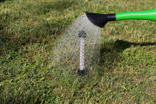 炎热的夏天。草里的温度计倒出了水。图片下载