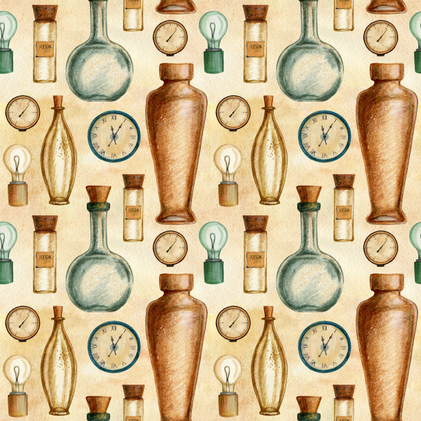 蒸汽朋克复古无缝模式与瓶子，时钟，灯，晴雨表。图片下载