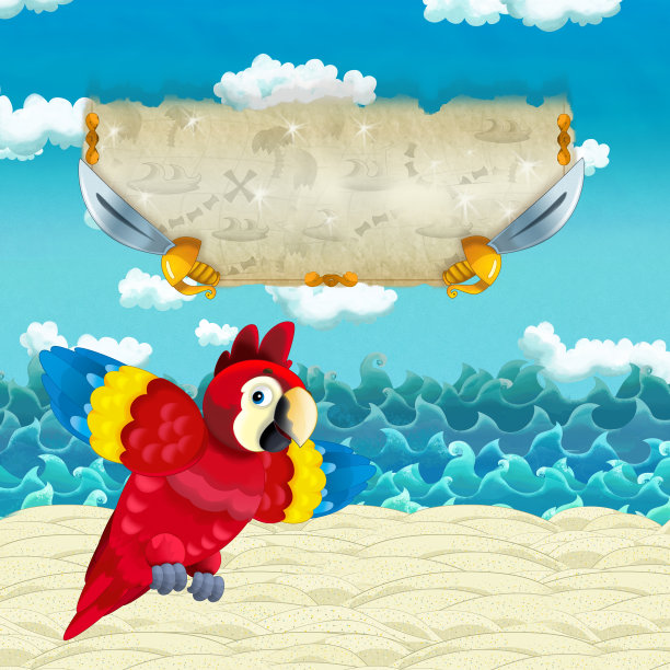 卡通场景的海滩附近的海边或海洋与快乐的鹦鹉图片下载