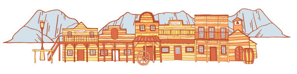 以山脉为背景的美国西部小镇景观。手绘轮廓彩色素描涂鸦矢量插图图片下载