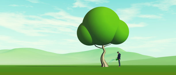 人们在开阔的田野里给一棵圆形的树浇水。3 d渲染图图片下载