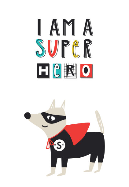 超级小子-超级英雄。可爱和有趣的儿童托儿所海报与狗动物和手绘字母。图片下载