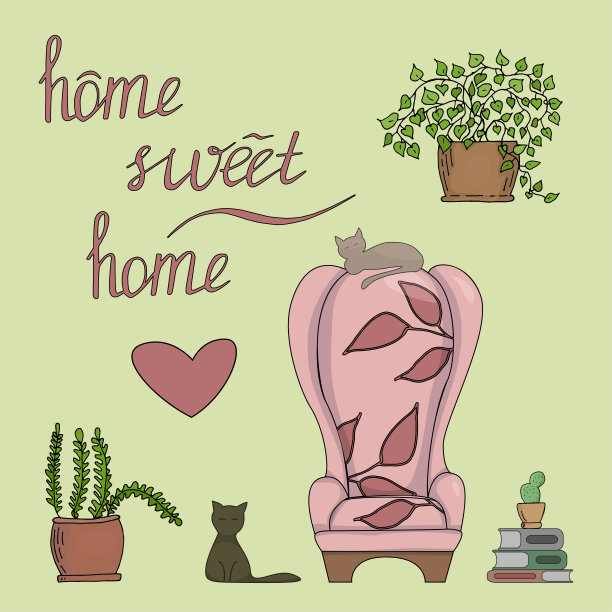 彩色手绘花卉植物花盆和扶手椅与字母家庭甜蜜家庭矢量插图图片下载