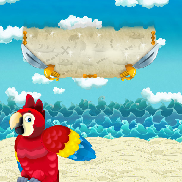 卡通场景的海滩附近的海边或海洋与快乐的鹦鹉图片下载