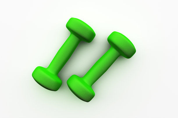 两个哑铃，绿色的顶视图，白色的背景。3 d演示。图片下载