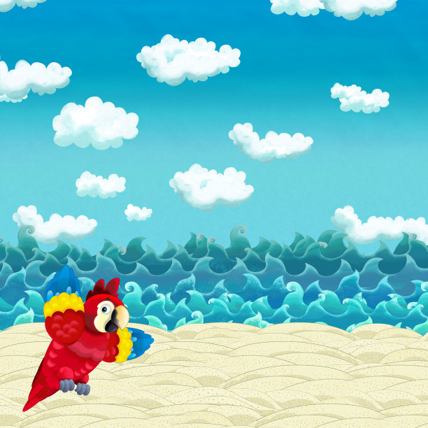 卡通场景的海滩附近的海边或海洋与快乐的鹦鹉图片下载