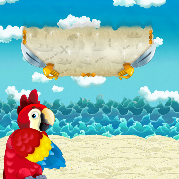 卡通场景的海滩附近的海边或海洋与快乐的鹦鹉图片下载