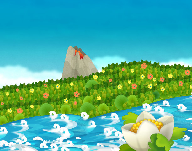 卡通场景与溪流或河流附近的一些丛林和活火山，但没有人在舞台上图片下载