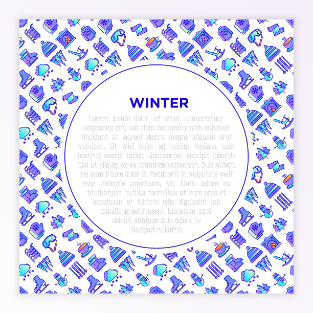 冬季概念与细线图标:壁炉，溜冰鞋，手套，雪花，围巾，雪人，套衫，雪橇，摇椅，滑雪，冰柱，雪。现代矢量插图，打印媒体模板图片下载