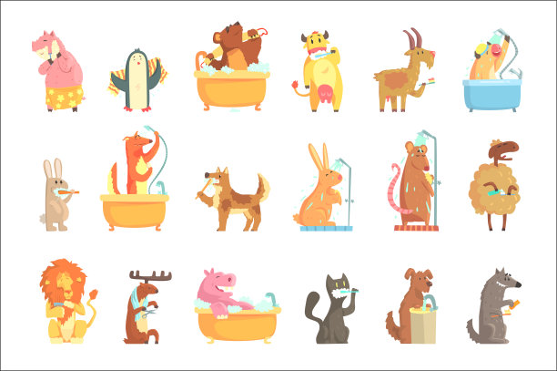 可爱的动物在水中洗澡，设置为标签设计。卫生保健，卡通详细插图图片下载