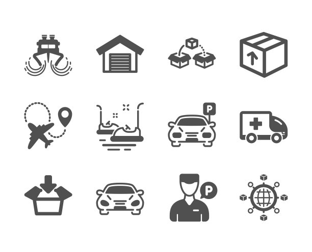 运输图标集，如包裹运输，汽车，碰碰车。向量图片下载