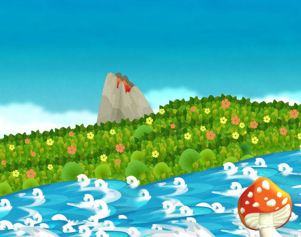 卡通场景与溪流或河流附近的一些丛林和活火山，但没有人在舞台上图片下载
