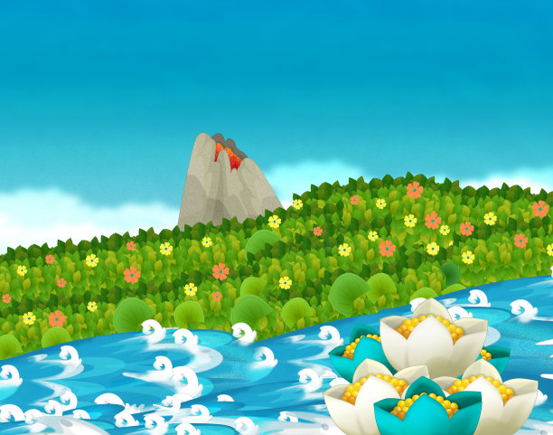 卡通场景与溪流或河流附近的一些丛林和活火山，但没有人在舞台上图片下载