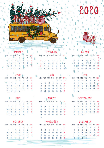 2020年日历计划，黄色校车，新年树和庆祝礼物周从周一开始。A4尺寸。图片下载