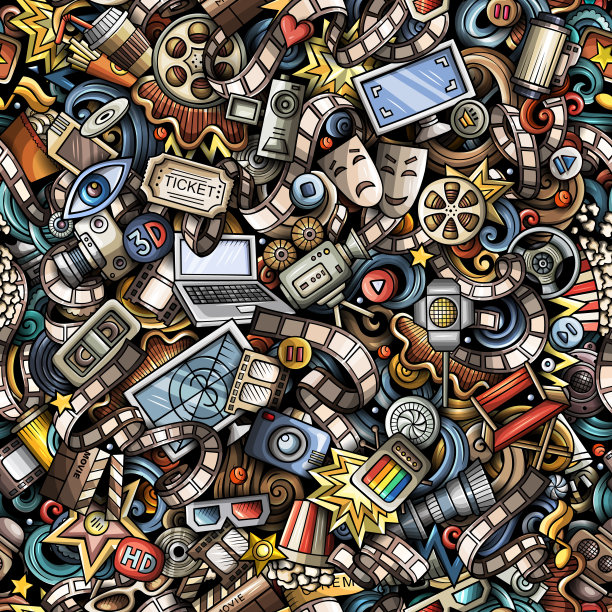 卡通可爱涂鸦影院无缝图案图片下载