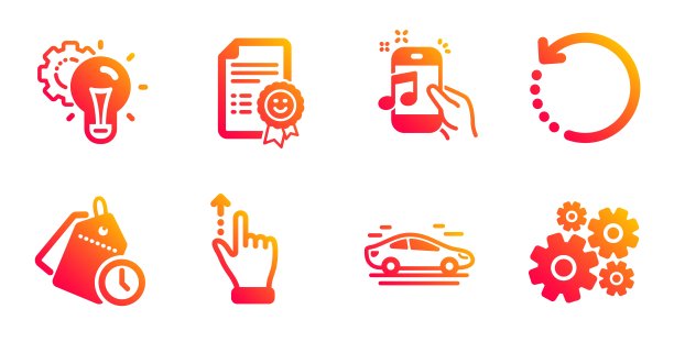 恢复数据，时间管理和音乐手机图标设置。汽车，Idea齿轮和触摸屏手势符号。向量图片下载