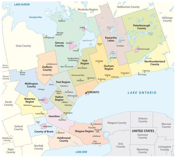 加拿大安大略省，安大略湖西端附近的金马蹄都市区地图图片下载