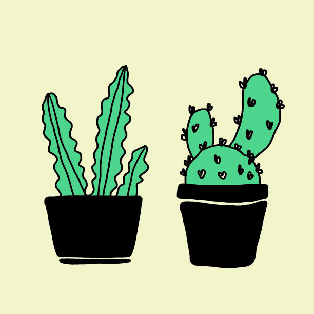 一套手绘绿色仙人掌与黑色锅在黄色背景在极简主义斯堪的纳维亚风格。图片下载