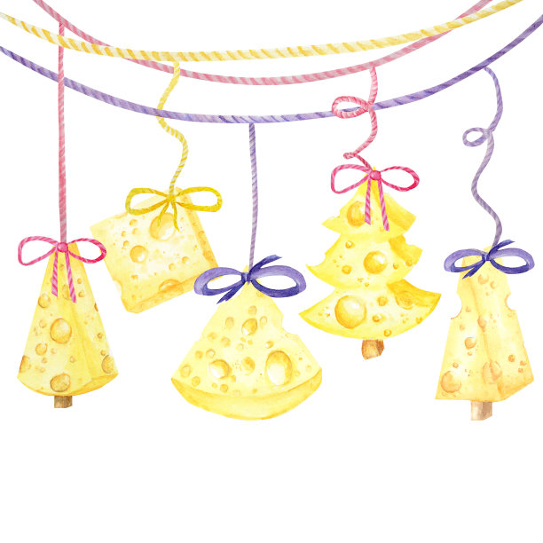 圣诞节奶酪树。2020年的新年贺卡。水彩画一片三角形的黄色奶酪。老鼠最喜欢的食物。白底插图图片下载
