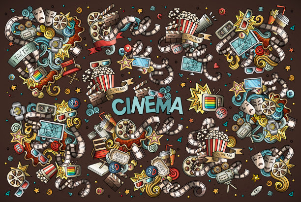 彩色矢量手绘电影涂鸦卡通对象集图片下载