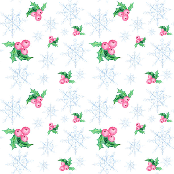 水彩雪花和圣诞浆果无缝图案。白色背景上的蓝色雪花。寒假壁纸，圣诞和新年手绘插图。图片下载