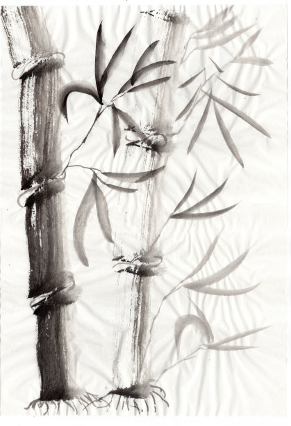 抽象花卉插画在日本民俗画风格的隅美。单色手绘幻想竹茎和竹叶在浅米色米纸背景。蜡染，书皮，t恤印花，问候，请帖图片下载