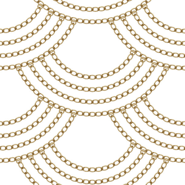 几何波浪形的无缝图案，金色的链条和圆环，花环垂在白色的背景上。扇形波纹丝织印花、蜡染时尚装饰品、墙纸、包装纸图片下载