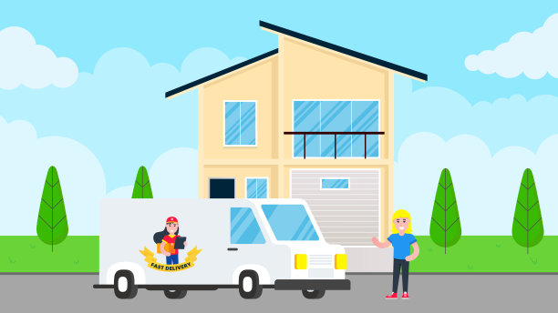 快速送货车与货物运输和女孩的盒子和剪贴板在面包车平面风格的设计站在女人后面的建筑。送货到家的概念。又快又免费。图片下载