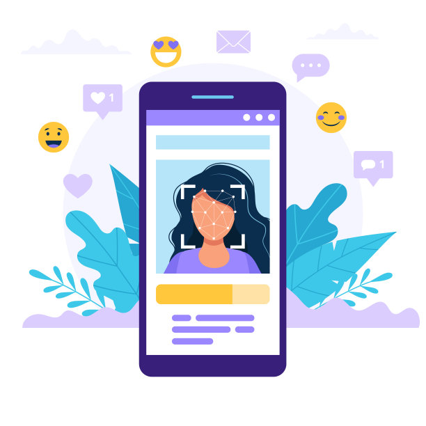 人脸识别技术概念说明。有女性照片的智能手机。平面风格的矢量插图图片下载