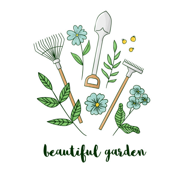 矢量插图的彩色花园设备与花。铲子，耙子，铁锹图标。卡通风格的春天或夏天图片孤立在白色的背景。园艺主题概念。图片下载