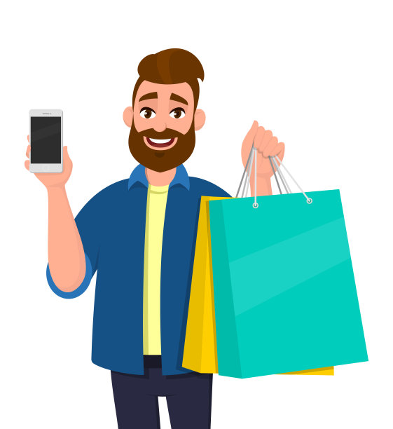 快乐的年轻人拿着购物袋。男主角背着五颜六色的包。手持手机、移动电话或智能手机的人。现代生活方式，数字技术，概念在矢量卡通风格。图片下载