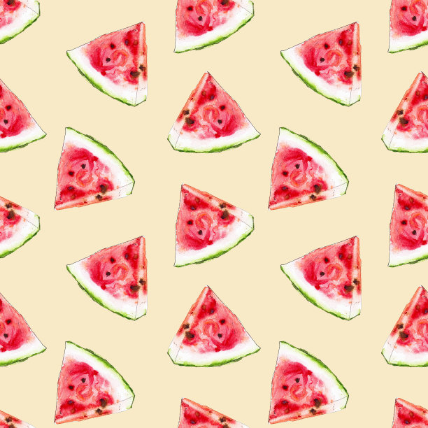 水彩无缝模式从红色多汁的西瓜片在黄色的背景。草图。手绘食物插图。图片下载