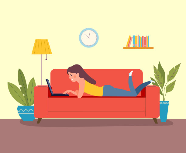 年轻女子孤立地躺在沙发上看笔记本电脑。客厅。矢量平面样式插图图片下载