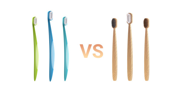 木制竹制有机牙刷vs塑料牙刷零浪费概念平面白色背景水平图片下载