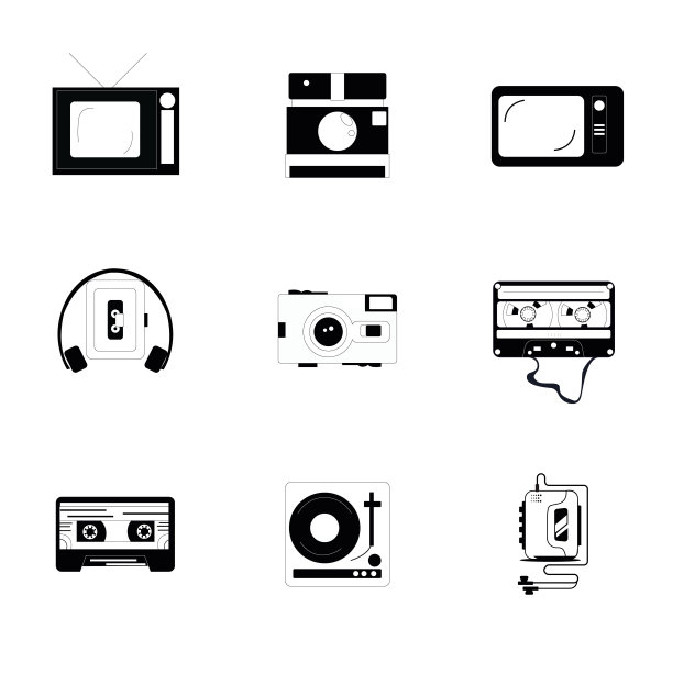旧多媒体的形式，一套9单色图标。播放器，电视，照相机，磁带。图片下载