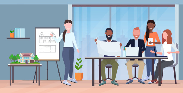 建筑师团队与蓝图混合工程师在会议期间讨论新的建筑项目，团队合作概念现代绘图员工作室室内水平全长图片下载