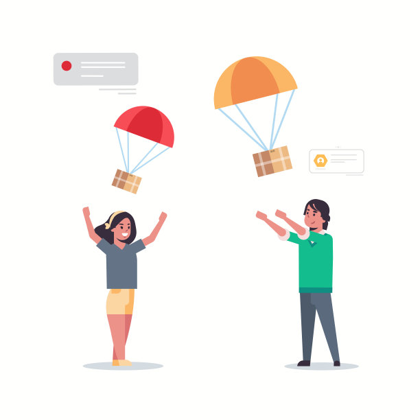 一对夫妇接住包裹盒子用降落伞从空中落下运输运输包裹航空邮件快递邮寄概念男人女人聊天全长平图片下载