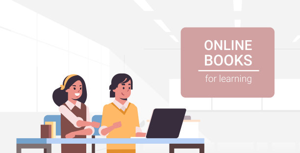 学生夫妇使用笔记本电脑女孩和男孩阅读在线书籍学习教育概念青少年男性女性卡通人物肖像现代教室室内平面水平图片下载