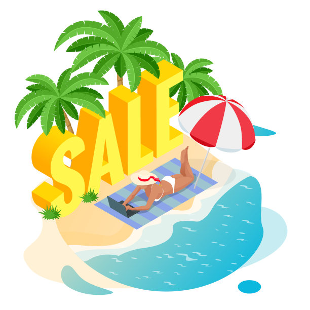 等距夏季促销网页横幅模板，折扣优惠。促销徽章为您的季节性设计。销售背景。图片下载